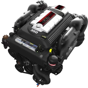 Three-quarter view of a Mercury MerCruiser 6.2L 350 HP ECT V8 engine assembly including the 70-amp alternator and SmartCraft sensor suite.